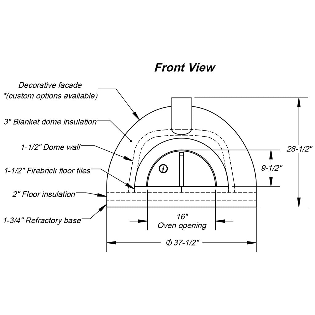 Forno Bravo - Primavera 60 Outdoor Wood-Fired Pizza Oven Technical Drawing with Sizes and Specifications - Firewalker Ovens