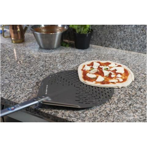 Evoluzione perforated round pizza peel, S.H.A. aluminum