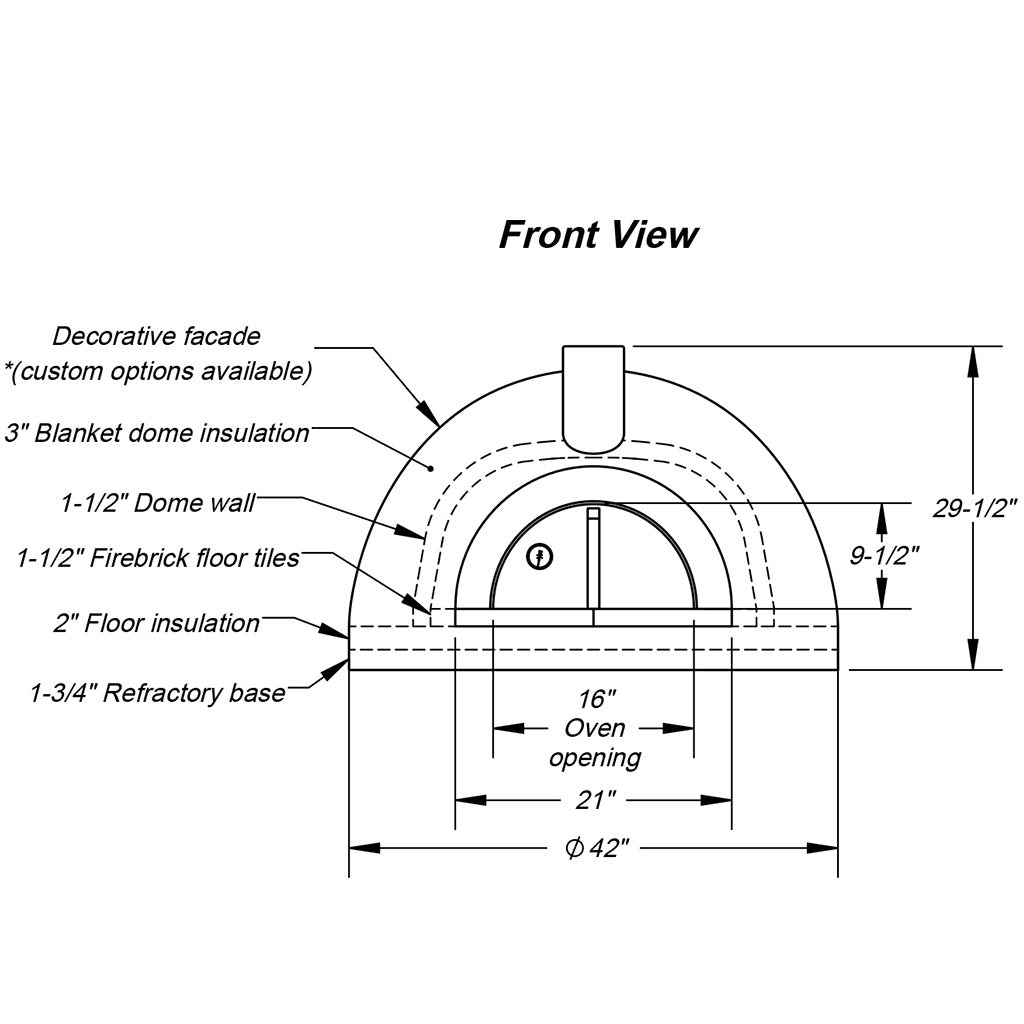 Forno Bravo - Primavera 70 Outdoor Wood-Fired Pizza Oven Technical Drawing with Sizes and Specifications - Firewalker Ovens